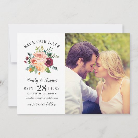 Rustic Burgundy Blush Floral Wedding Foto Save The Date (Voorkant)