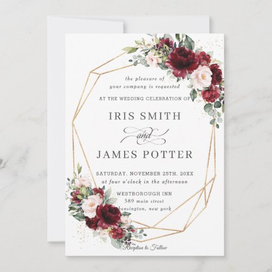 Rustic Burgundy Blush Floral Wedding Geometric Kaart (Voorkant)
