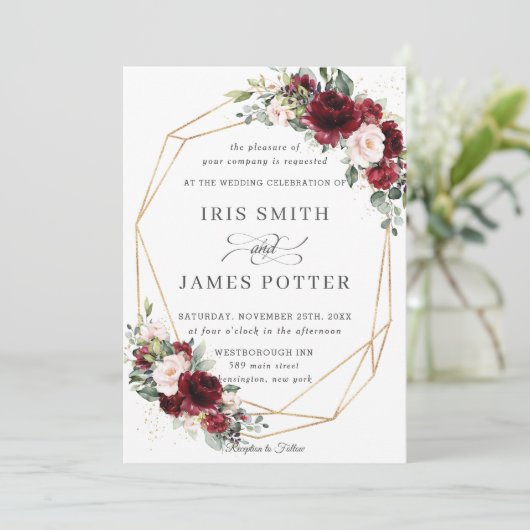 Rustic Burgundy Blush Floral Wedding Geometric Kaart (Staand voorkant)
