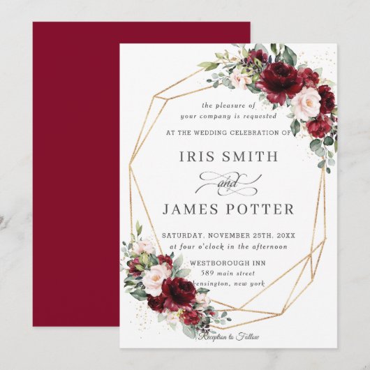 Rustic Burgundy Blush Floral Wedding Geometric Kaart (Voorkant / Achterkant)