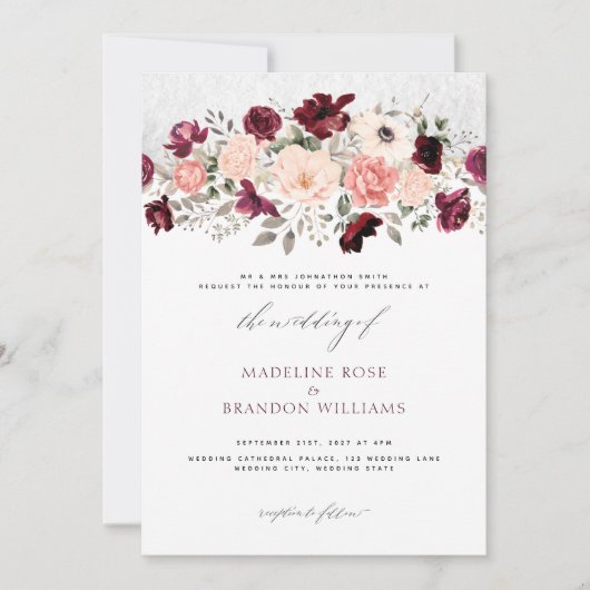 Rustic Burgundy Blush Floral Wedding Kaart (Voorkant)