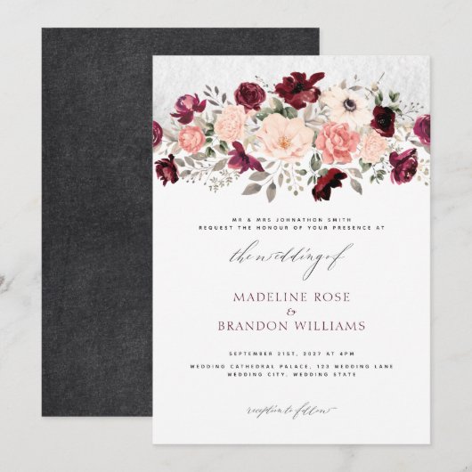 Rustic Burgundy Blush Floral Wedding Kaart (Voorkant / Achterkant)