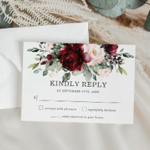 Rustic Burgundy Blush Floral Wedding RSVP Kaart