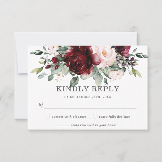 Rustic Burgundy Blush Floral Wedding RSVP Kaart (Voorkant)