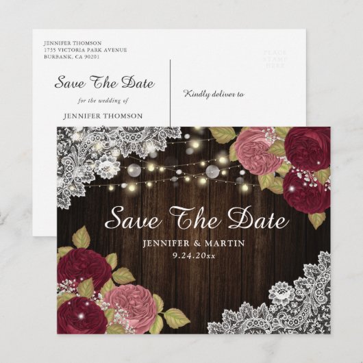Rustic Burgundy Blush Floral Wedding Save the Date Aankondigingskaart (Voorkant / Achterkant)