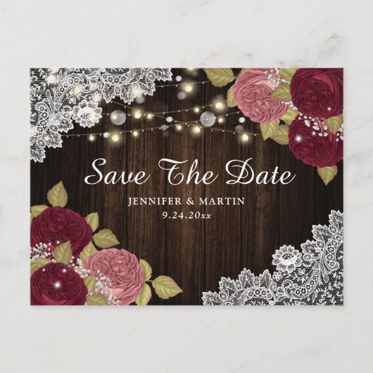 Rustic Burgundy Blush Floral Wedding Save the Date Aankondigingskaart (Voorkant)