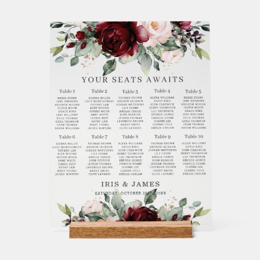 Rustic Burgundy Blush Floral Wedding Seating Chart Acryl Bord (Voorkant)