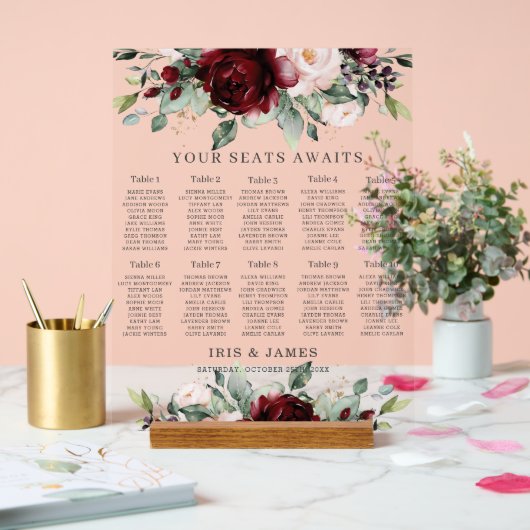 Rustic Burgundy Blush Floral Wedding Seating Chart Acryl Bord (Huwelijk)