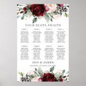 Rustic Burgundy Blush Floral Wedding Seating Chart Poster (Voorkant)