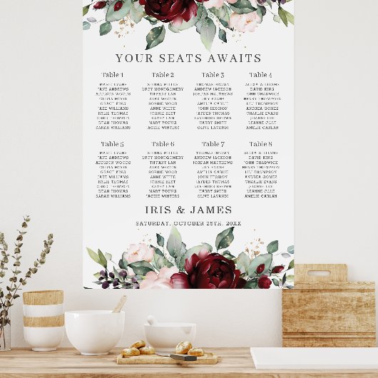 Rustic Burgundy Blush Floral Wedding Seating Chart Poster (Keuken)