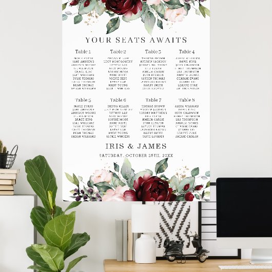 Rustic Burgundy Blush Floral Wedding Seating Chart Poster (Thuiskantoor)