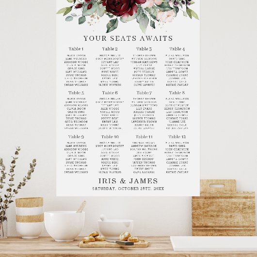 Rustic Burgundy Blush Floral Wedding Seating Chart Poster (Keuken)