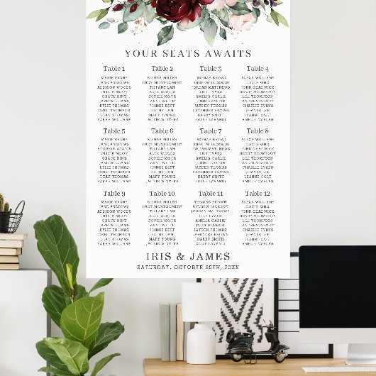 Rustic Burgundy Blush Floral Wedding Seating Chart Poster (Thuiskantoor)
