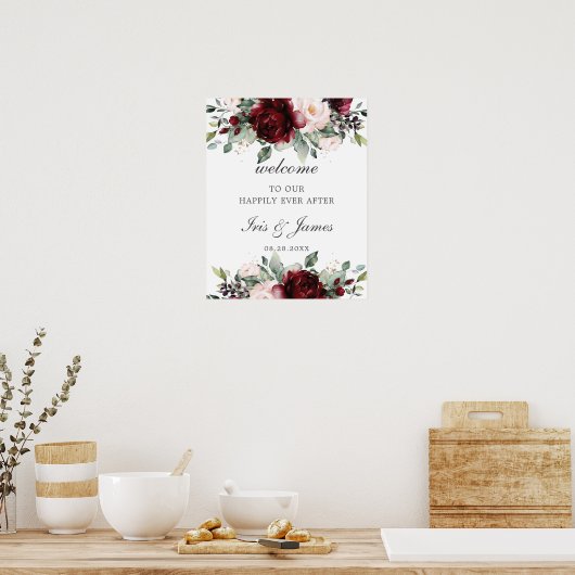 Rustic Burgundy Blush Floral Wedding Welkom Poster (Keuken)