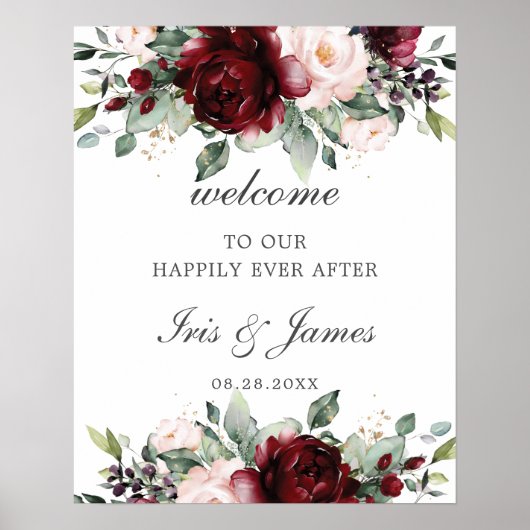 Rustic Burgundy Blush Floral Wedding Welkom Poster (Voorkant)