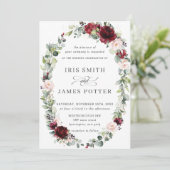 Rustic Burgundy Blush Floral Wreath Leafy Wedding Kaart (Staand voorkant)