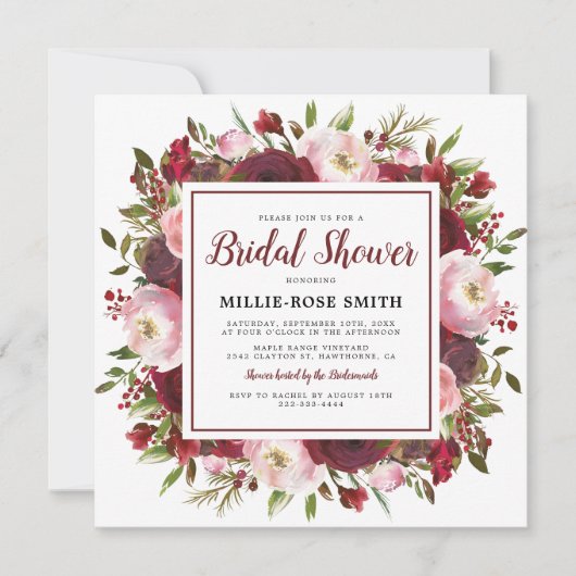 Rustic Burgundy Blush Flowers Vrijgezellenfeest Kaart (Voorkant)