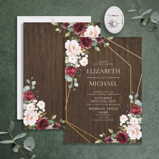 Rustic Burgundy Blush Geometric Wood Wedding Kaart