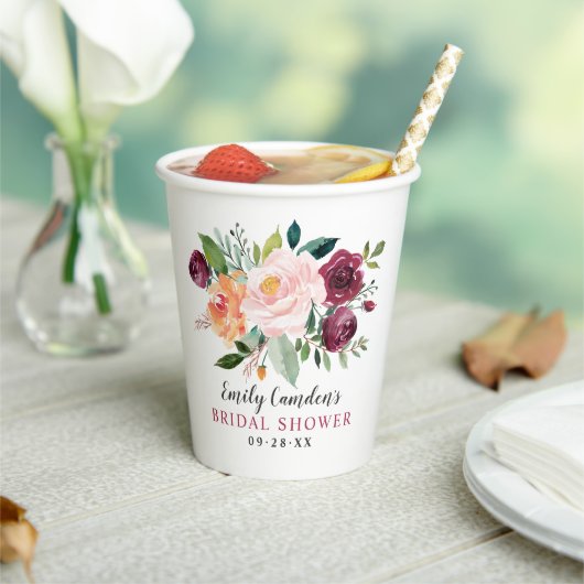 Rustic Burgundy Blush Herfst Floral Vrijgezellenfe Papieren Bekers (Insitu)