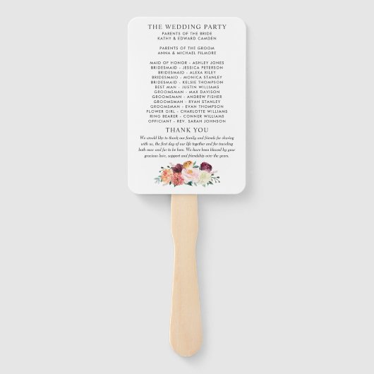 Rustic Burgundy Blush Herfst Floral Wedding Ceremo Handwaaier (Achterkant)