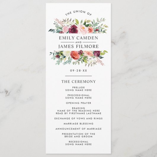 Rustic Burgundy Blush Herfst Floral Wedding Ceremo Programmakaart (Voorkant)