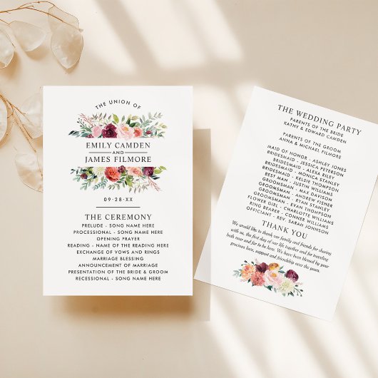Rustic Burgundy Blush Herfst Floral Wedding Ceremo Programmakaart