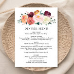 Rustic Burgundy Blush Herfst Floral Wedding Dinner Menu<br><div class="desc">Het ontwerp van de huwelijksmenu-kaart is stijlvol en kan volledig gepersonaliseerd zijn, voorzien van een prachtige zomerse en herfst florale waterverf met prachtige rozen, dahlias, pony-bloemen en groen, in een prachtig herfstpalet van wogoerrood, goudgeel, perzikkleurig sinaasappel, wazige roze en groene tinten. Een rode achtergrondkleur met een getextureerde vormgeving drukt de...</div>