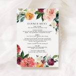 Rustic Burgundy Blush Herfst Floral Wedding Dinner Menu<br><div class="desc">Het ontwerp van de huwelijksmenu-kaart is stijlvol en volledig gepersonaliseerd. Het is voorzien van een rotsachtige, florale waterverf met prachtige rozen, dahlias, pony bloemen en groen, in een prachtig herfstpalet van wogoerrood, gouden geel, perziks sinaasappel, wazige roze en groene tinten. Een rode achtergrondkleur met een getextureerde vormgeving drukt de achterkant...</div>