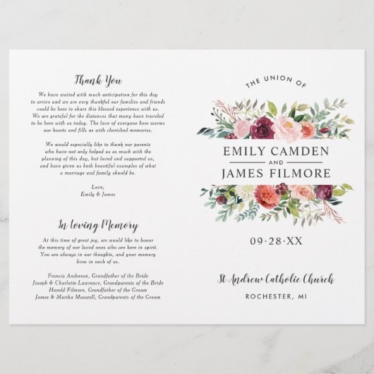 Rustic Burgundy Blush Herfst Floral Wedding Progra (Voorkant)