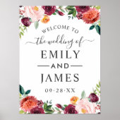 Rustic Burgundy Blush Herfst Floral Wedding Welkom Poster (Voorkant)