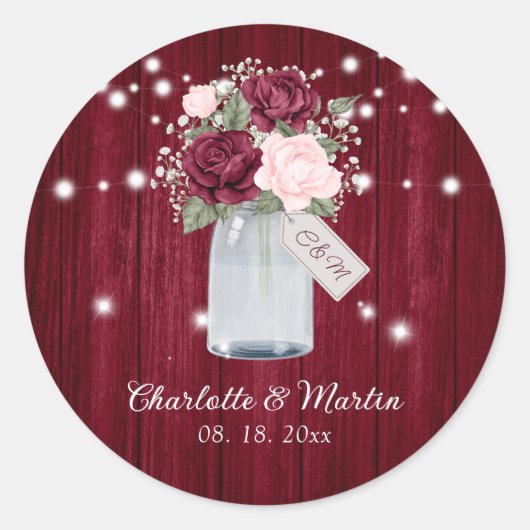 Rustic Burgundy Blush Monogram Floral Wedding Ronde Sticker (Voorkant)