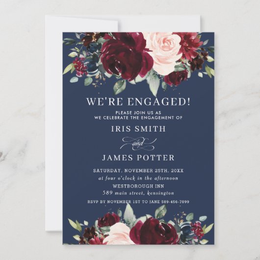 Rustic Burgundy Blush Navy Floral Engagement Party Kaart (Voorkant)