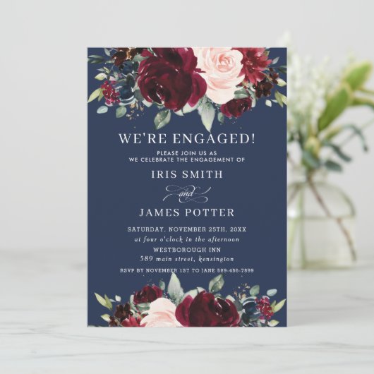 Rustic Burgundy Blush Navy Floral Engagement Party Kaart (Staand voorkant)
