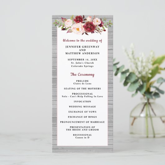 Rustic Burgundy Blush Pink Border Wedding Programm (Staand voorkant)