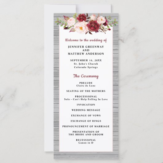 Rustic Burgundy Blush Pink Border Wedding Programm (Voorkant)