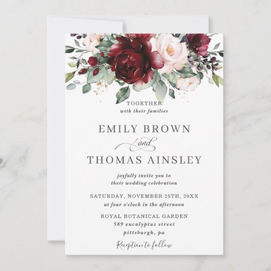 Rustic Burgundy Blush Pink Floral Greenery Wedding Kaart (Voorkant)