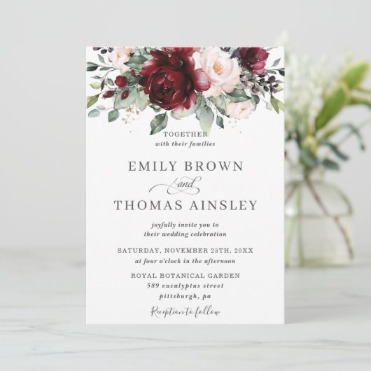 Rustic Burgundy Blush Pink Floral Greenery Wedding Kaart (Staand voorkant)