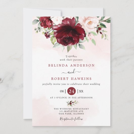 Rustic Burgundy Blush Pink Floral Greenery Wedding Kaart (Voorkant)