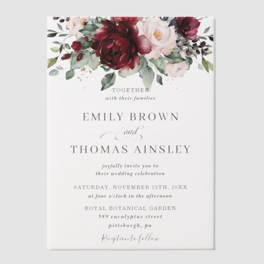 Rustic Burgundy Blush Pink Floral Greenery Wedding Vellum Uitnodigingen (Voorkant)