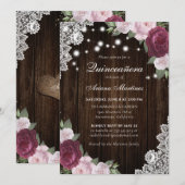 Rustic Burgundy Blush Pink Floral Quinceañera Kaart (Voorkant / Achterkant)