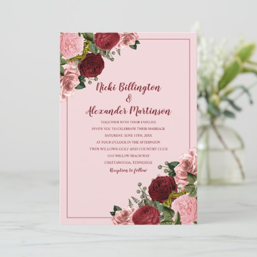 Rustic Burgundy Blush Pink Floral Wedding Kaart (Staand voorkant)