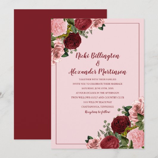 Rustic Burgundy Blush Pink Floral Wedding Kaart (Voorkant / Achterkant)