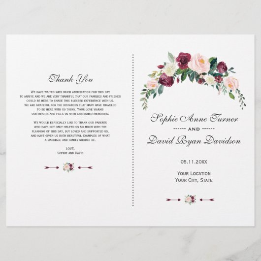 Rustic Burgundy Blush Pink Floral Wedding Programm Flyer (Voorkant)