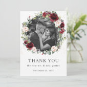 Rustic Burgundy Blush Pink Floral Weduwfoto Bedankkaart (Staand voorkant)