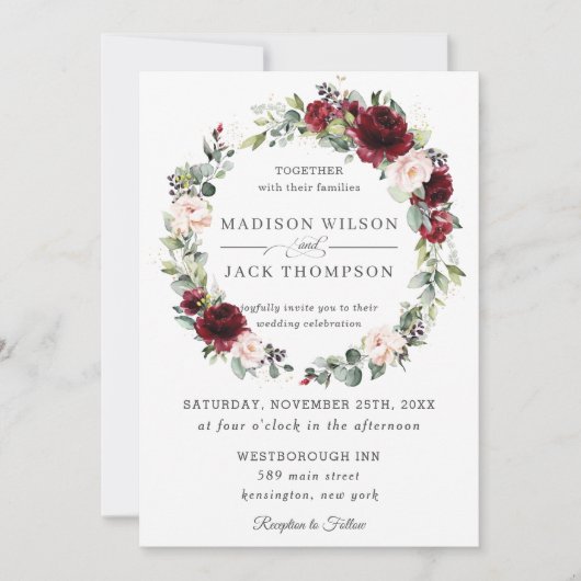 Rustic Burgundy Blush Pink Floral Wreath Wedding Kaart (Voorkant)