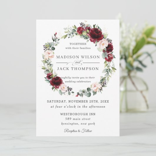 Rustic Burgundy Blush Pink Floral Wreath Wedding Kaart (Staand voorkant)