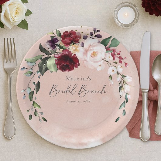 Rustic Burgundy & Blush Pink Roses Bridal Brunch Papieren Bordje