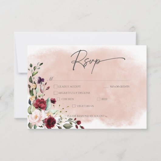 Rustic Burgundy & Blush Pink Roses Wedding Dinner RSVP Kaartje (Voorkant)