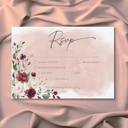 Rustic Burgundy & Blush Pink Roses Wedding Dinner RSVP Kaartje