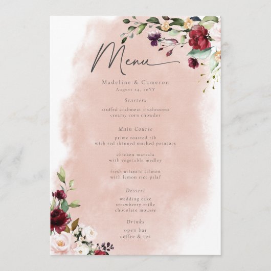 Rustic Burgundy & Blush Pink Roses Wedding Menu (Voorkant)